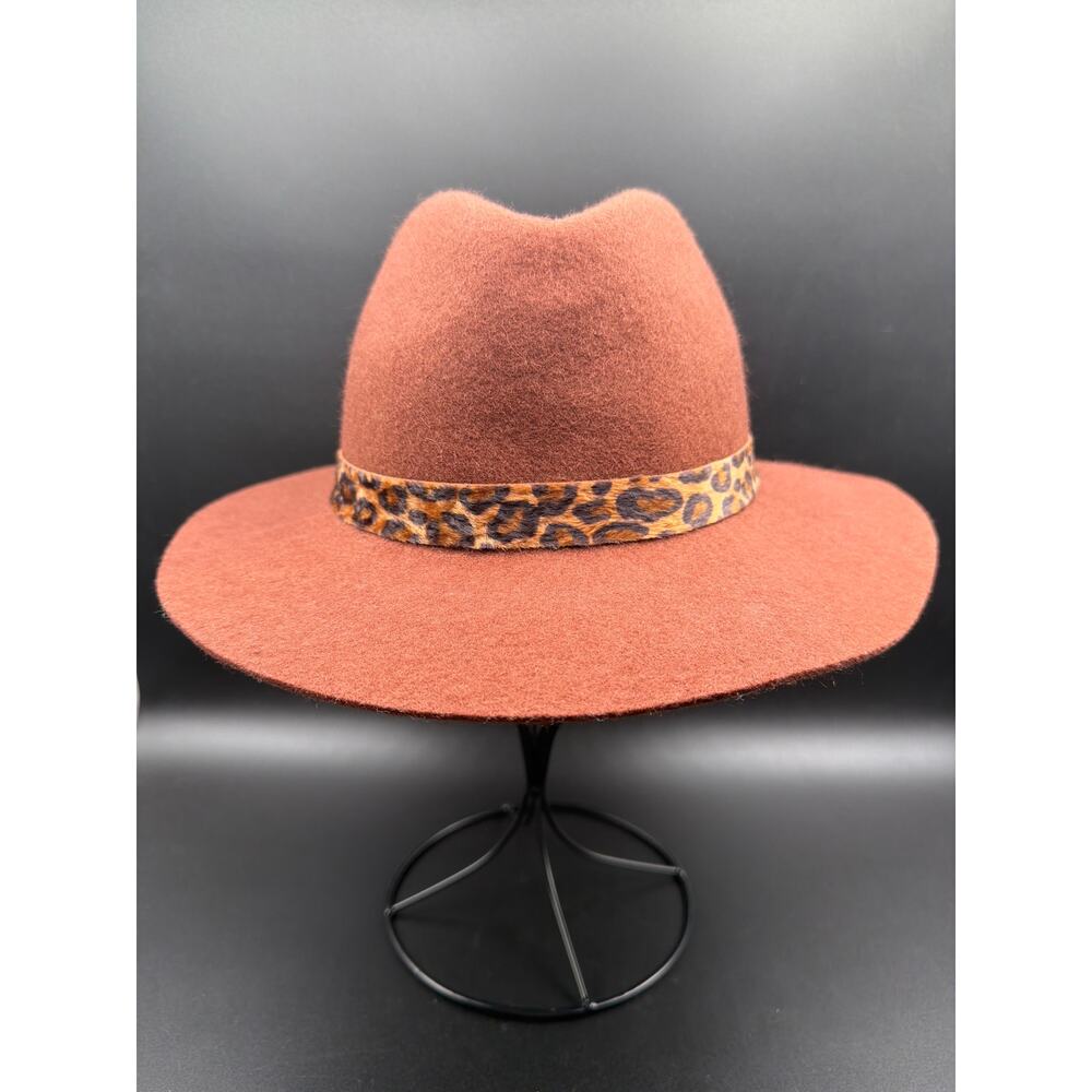 100% Wool Fedora Hat Rust Orange Wide Brim Adjustable Strap Leopard Band